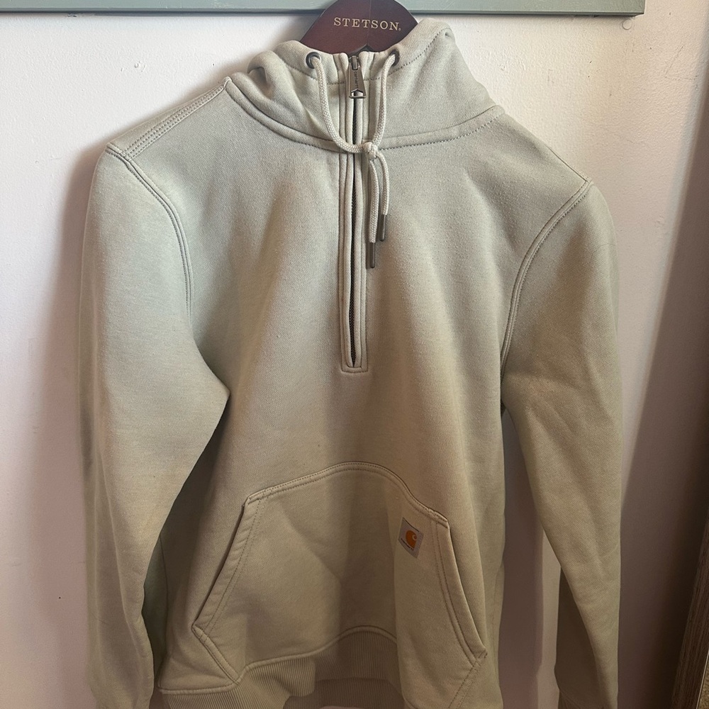 Small, green carhart quarter zip hoodie 

olive green
